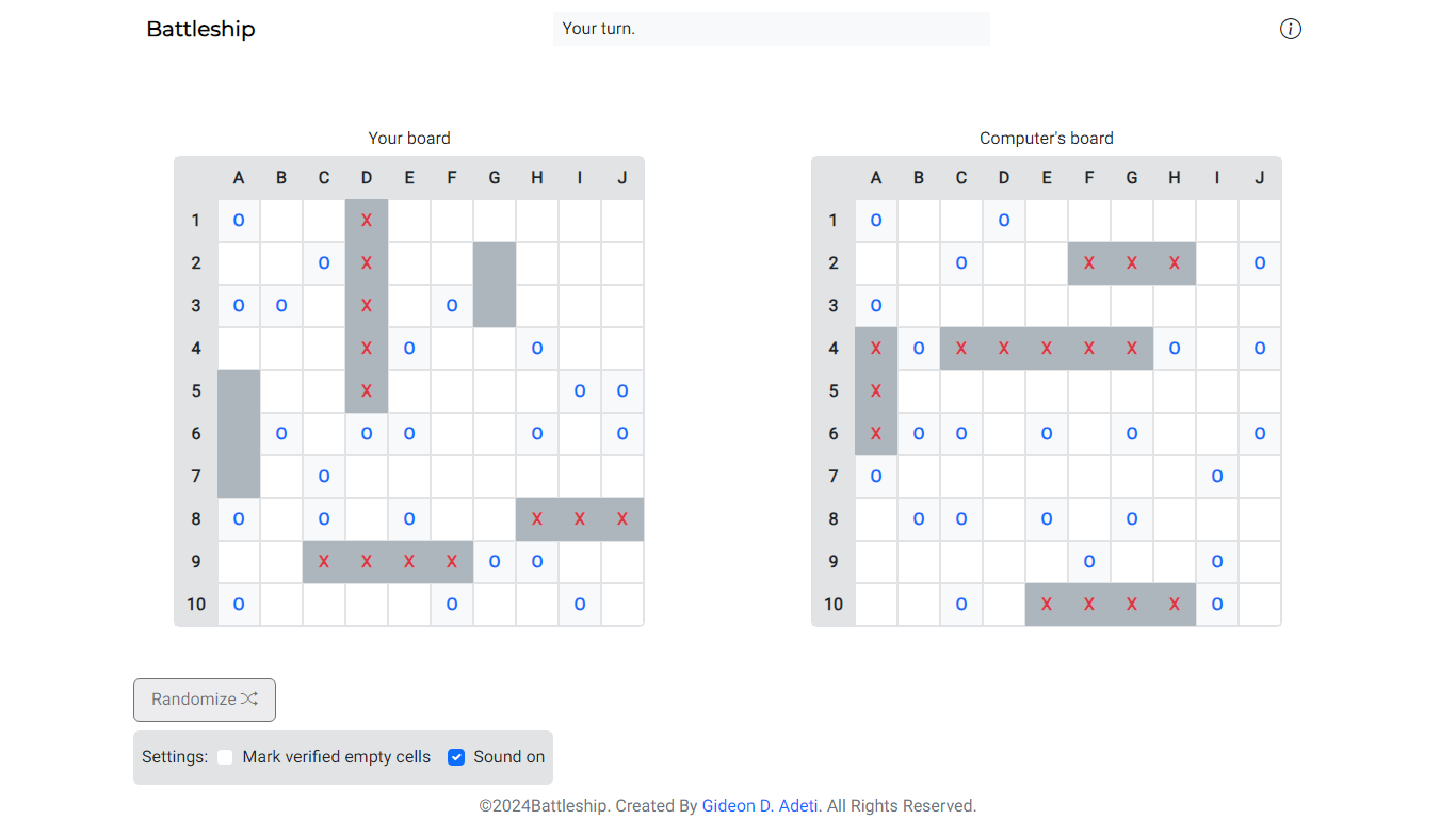 Screenshot of the battleship project